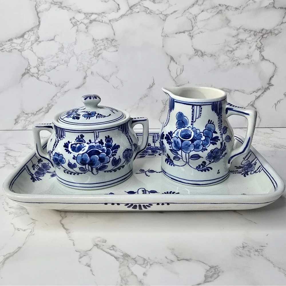 Vintage 1961 Royal Delft Porceleyne Fles Hand Painted Creamer Sugar Tray Set